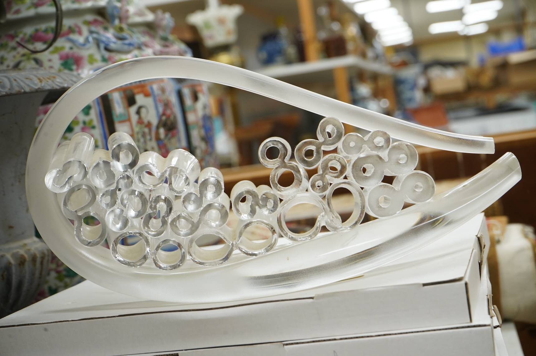 Lene Bodker, Danish glass screen stand and another contemporary sculpture, largest 44cm wide